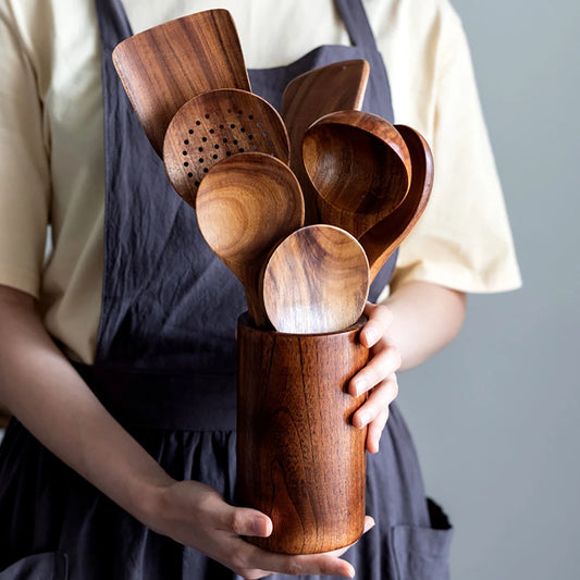 Utensilios de cocina de madera, juego de cuchara y espátula para el hogar, cuchara para ensalada, tenedor, cuchara agitadora, juego de cocina para hornear con cubo de almacenamiento