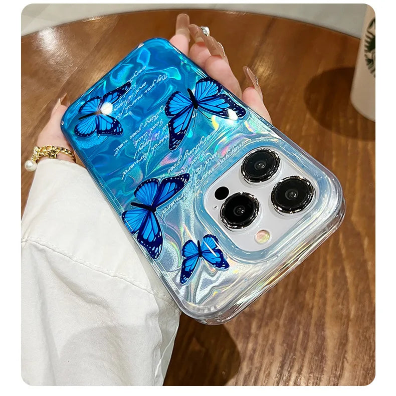 Funda de teléfono de arena con plumas graduales plateadas y mariposas de lujo para iPhone 16 15 14 13 12 11 Pro Max X XR 7 8 Plus, funda con cordón