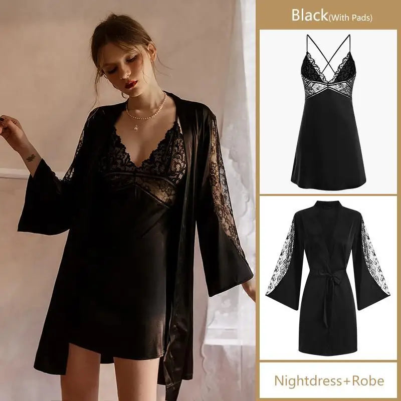 Sexy Intimate Lingerie Perspective Nightwear Lace Patchwork Home Wear Robe Suit Lady Kimono Gown Sleepwear Satin Nighty Bathrobe