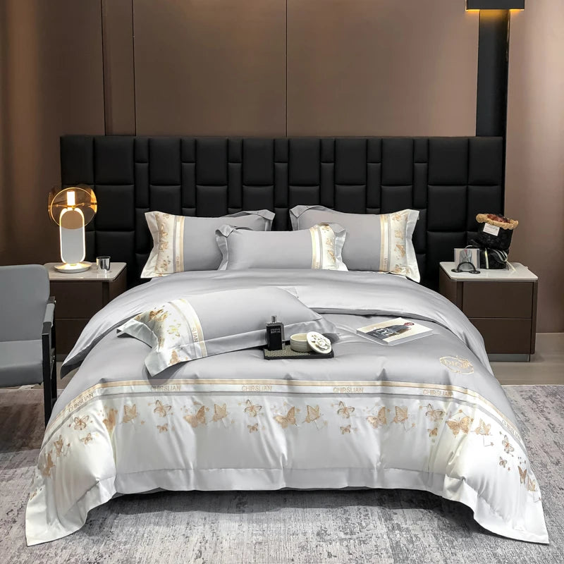 Juego de cama 100% de algodón, edredón bordado de mariposa dorada de lujo/funda nórdica, juegos de sábanas ajustadas, fundas de almohada, textiles para el hogar