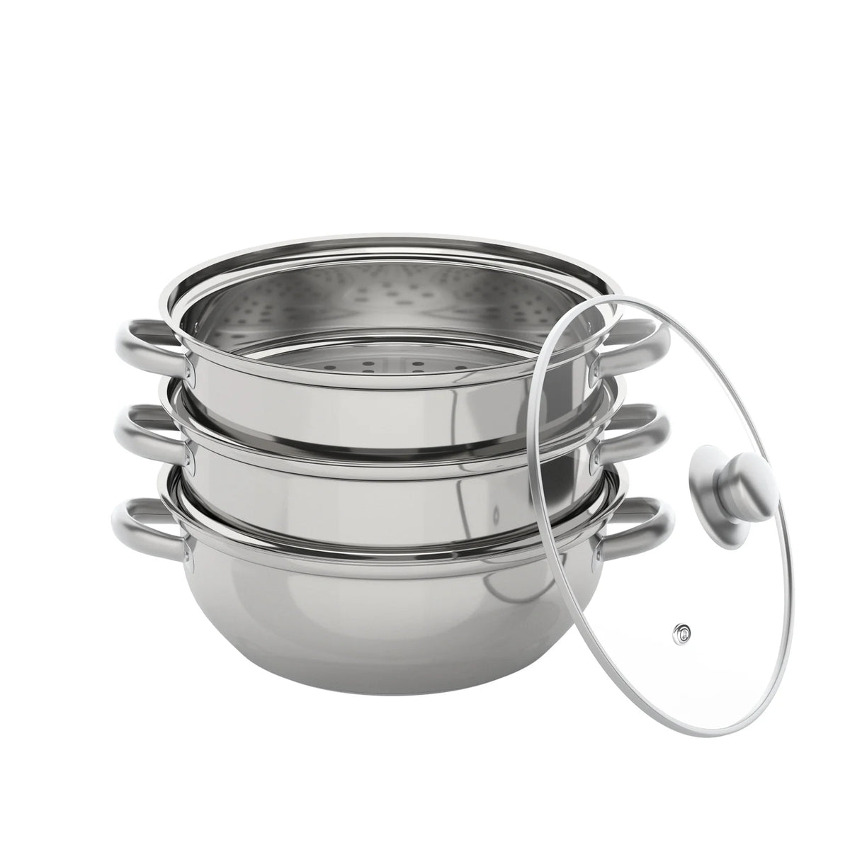 Vaporera de acero inoxidable de 3 niveles, olla para cocinar al vapor superpuesta de 28cm, utensilios de cocina, juego de cocina para sopa a vapor, plateado con tapa de vidrio
