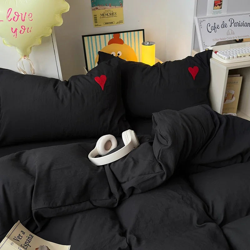 Juego de cama de algodón lavado, funda nórdica negra súper suave y fresca, toalla en forma de corazón, ropa de cama, fundas de edredón respetuosas con la piel, sábanas