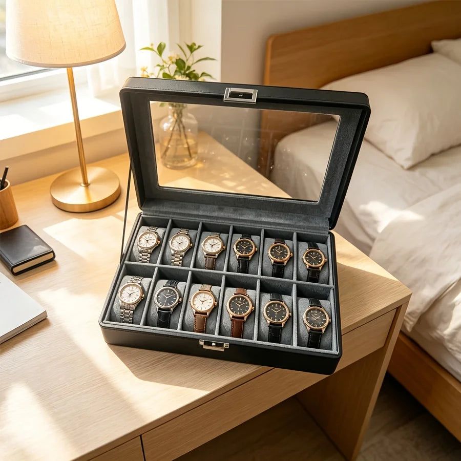 Estuche de Cuero para 12 Relojes para Hombre con Cerradura, Organizador de Relojes de Lujo + 3 Cajas Transparentes para Guardar Pulseras, Juego de 4 Piezas