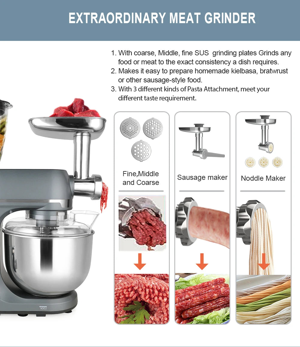 Batidora de Pedestal Multifuncional de 7L y 1300W, Batidora Eléctrica de Alimentos con Licuadora de 1.5L y Picadora de Carne, Suministro de Fábrica