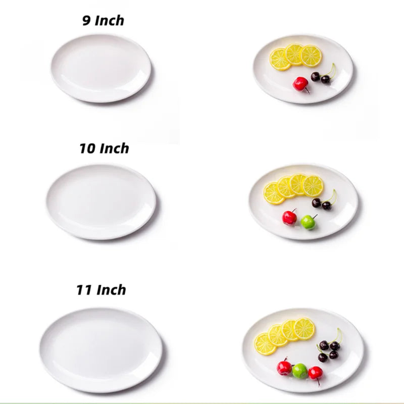 Platos ovalados de melamina blanca de 9-14 pulgadas, juego de cena, plato de porcelana de imitación, bandejas planas para carne, servicio de mesa de cocina y Hotel duradero