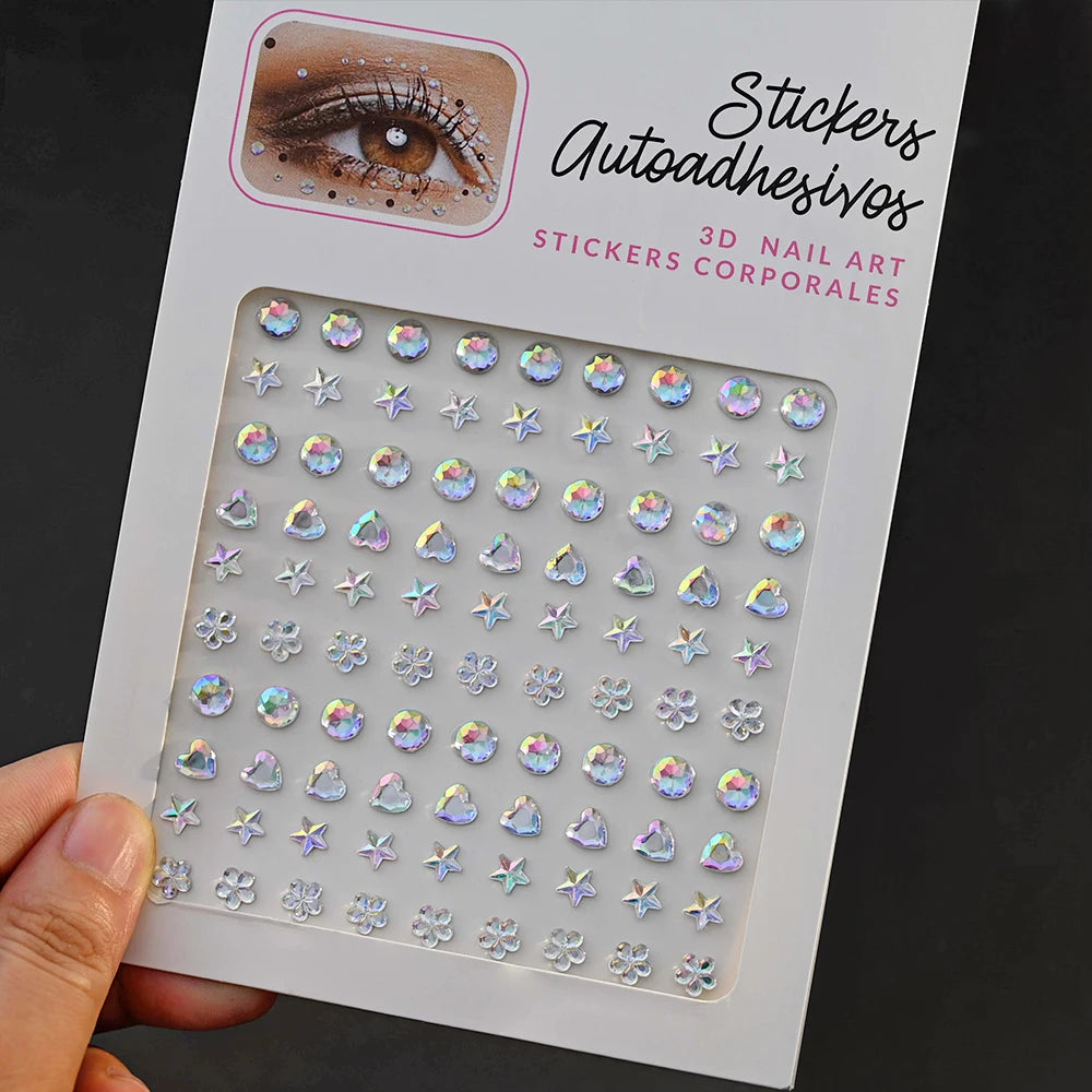 1 unidad 3D Y3K plata Aurora Luna estrella cara gemas joyas pegatinas de diamantes de imitación autoadhesivo cristal maquillaje diamantes tatuajes decoración