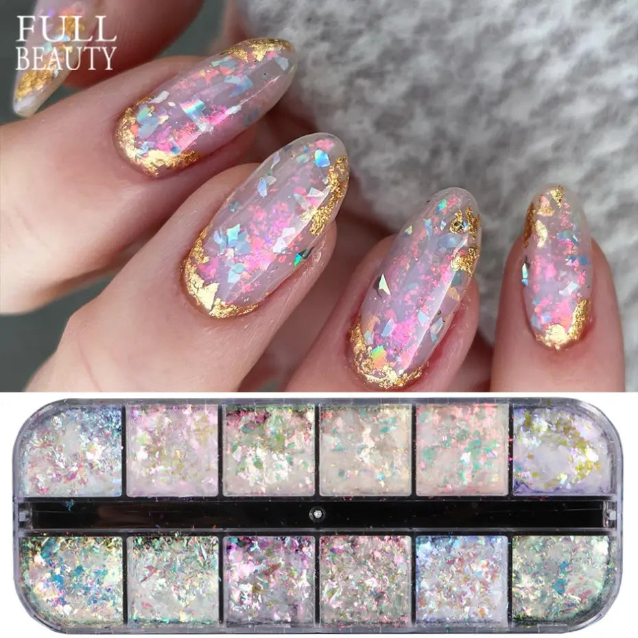 12 rejillas iridiscentes para uñas Aurora, purpurina de cristal, copos de fuego, holográficos, lentejuelas brillantes, dijes, esmalte de Gel, Flash para manicura