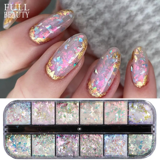 12 Gitter schillernd Aurora Nagel Glitzer Kristall Feuer Flocken Holographische Funkelnde Pailletten Charms Gel Politur Flash für Maniküre