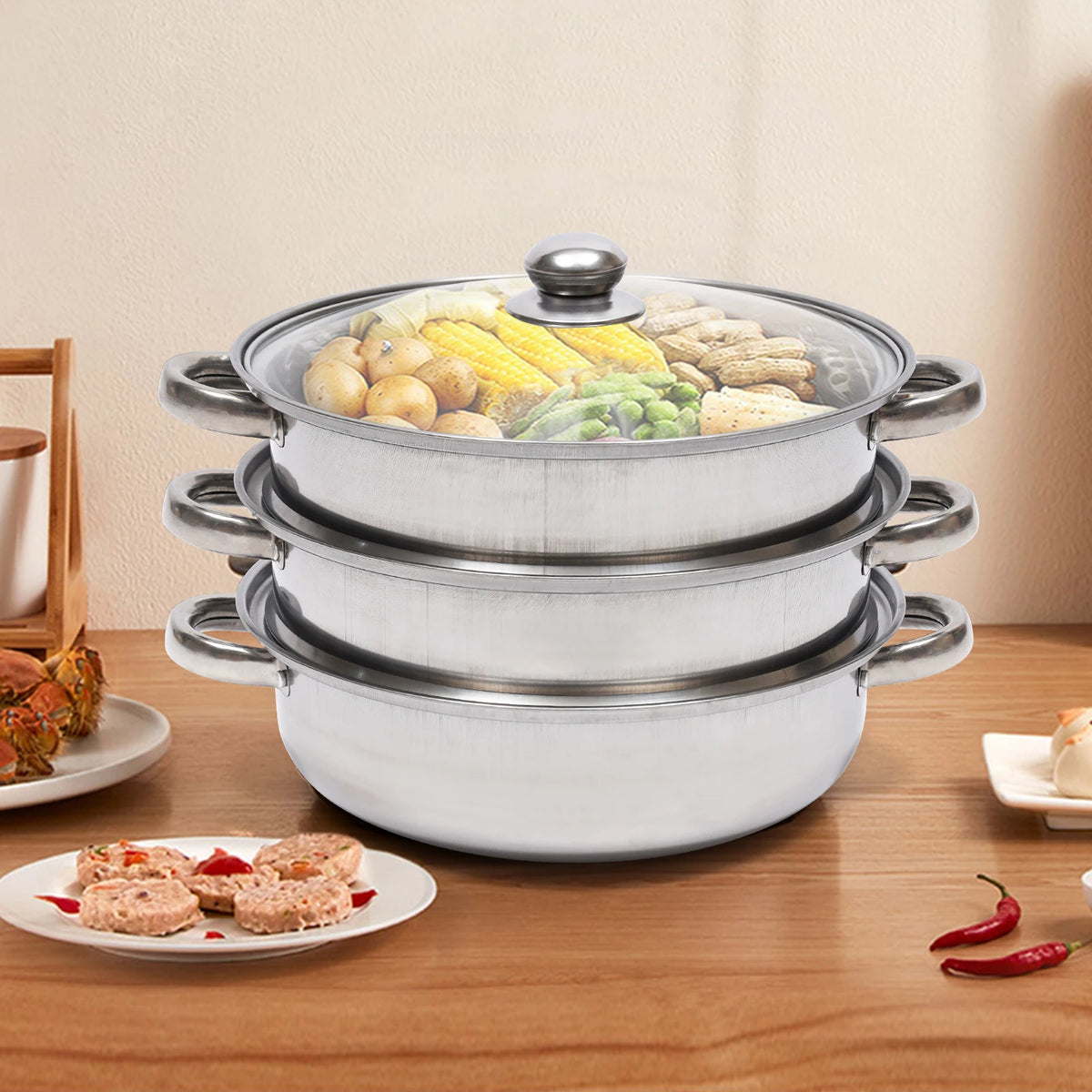 Olla de vapor de acero inoxidable grande para cocinar alimentos y verduras, multifunción, de 3 niveles, 28CM