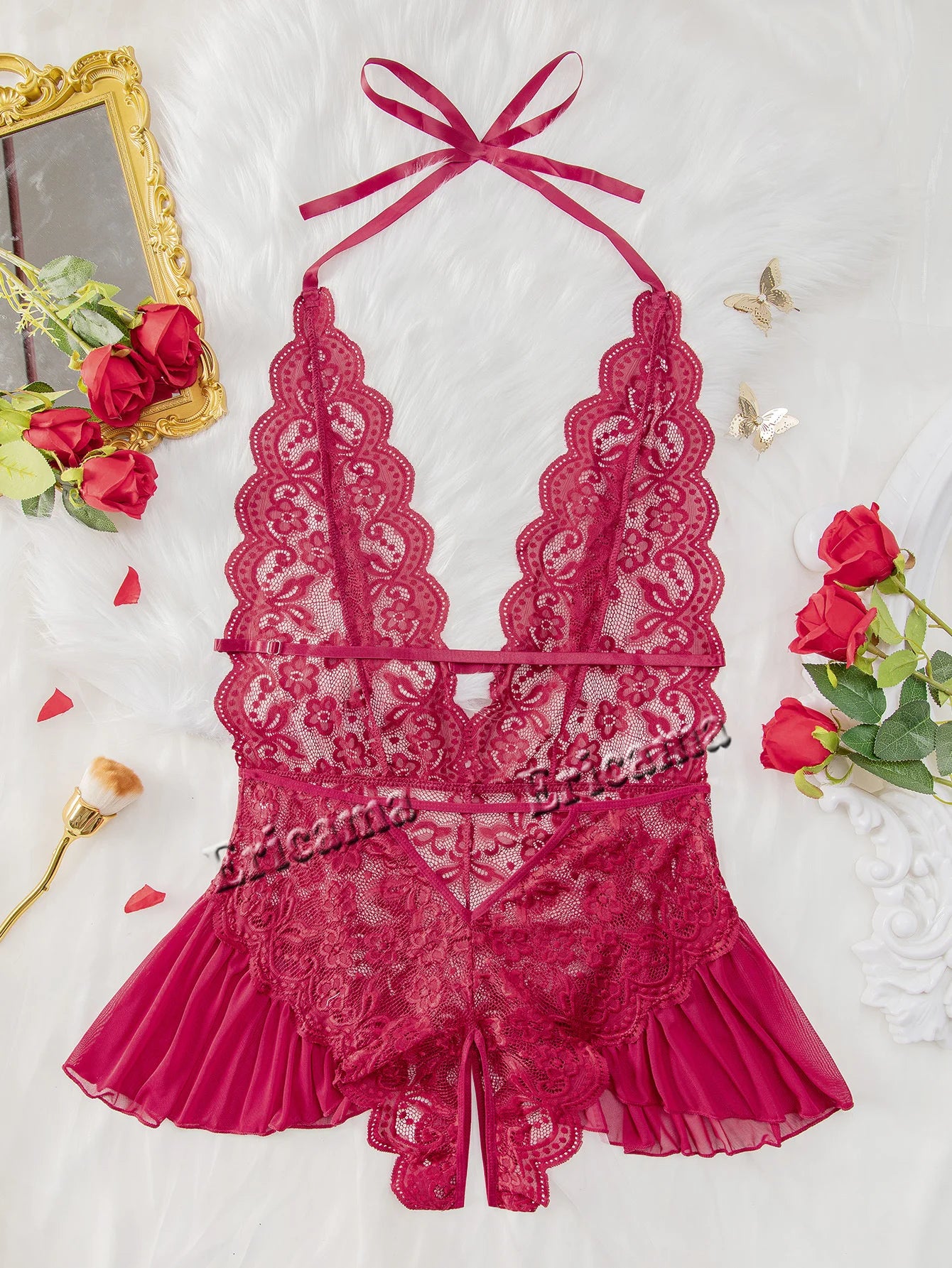Conjunto de lencería erótica hueca de realce para mujer, ropa interior transparente de encaje, conjunto de sujetador erótico ajustado, vestido de dormir Sexy de encaje a la moda