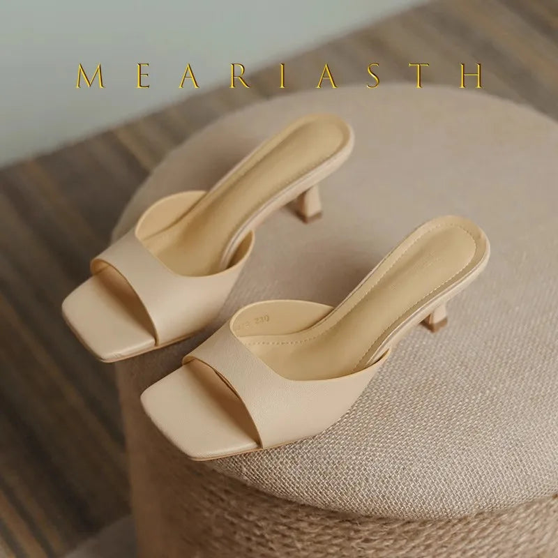 2025 nuevo verano cabeza cuadrada punta abierta zapatillas de tacón alto para mujer zapatos de fiesta de cuero pu serie Sandalias de tacón fino zapatillas de mujer