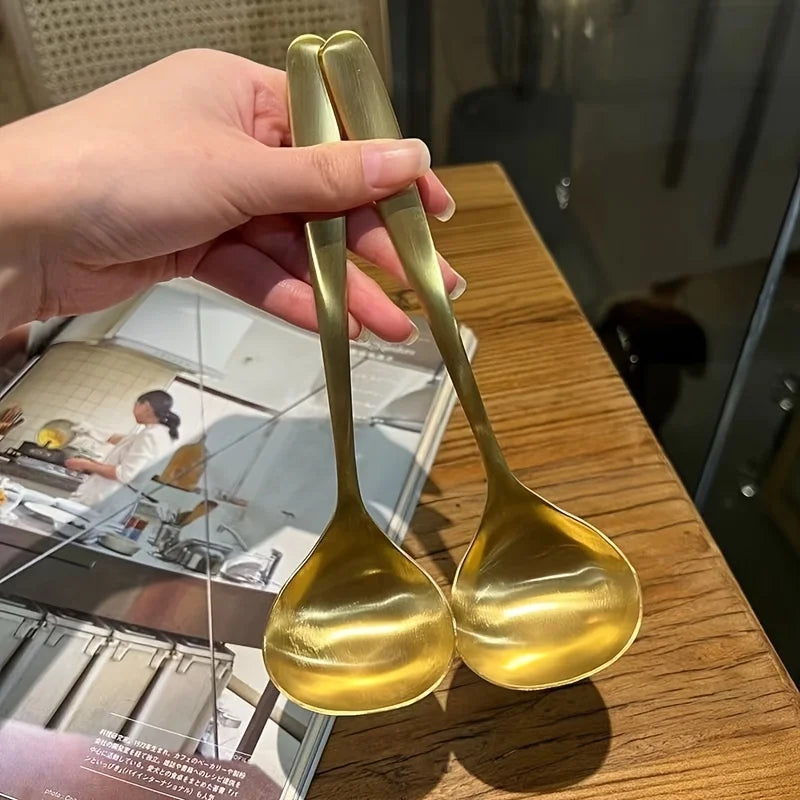 Cucharas grandes de acero inoxidable dorado, para olla caliente, sopa, gachas, asas largas, utensilios elegantes de cocina y comedor, cuchara, 2 uds.