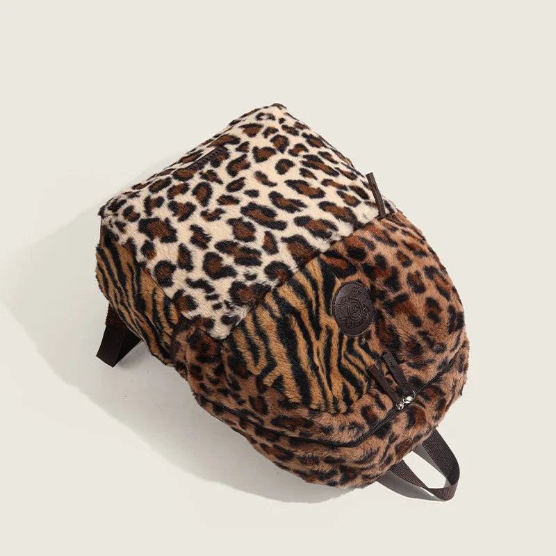 Mochila con estampado de leopardo, mochila de cabina de avión a la moda, bolso escolar de gran capacidad, bolsas suaves de felpa versátiles, Mochilas para Mujer 2025