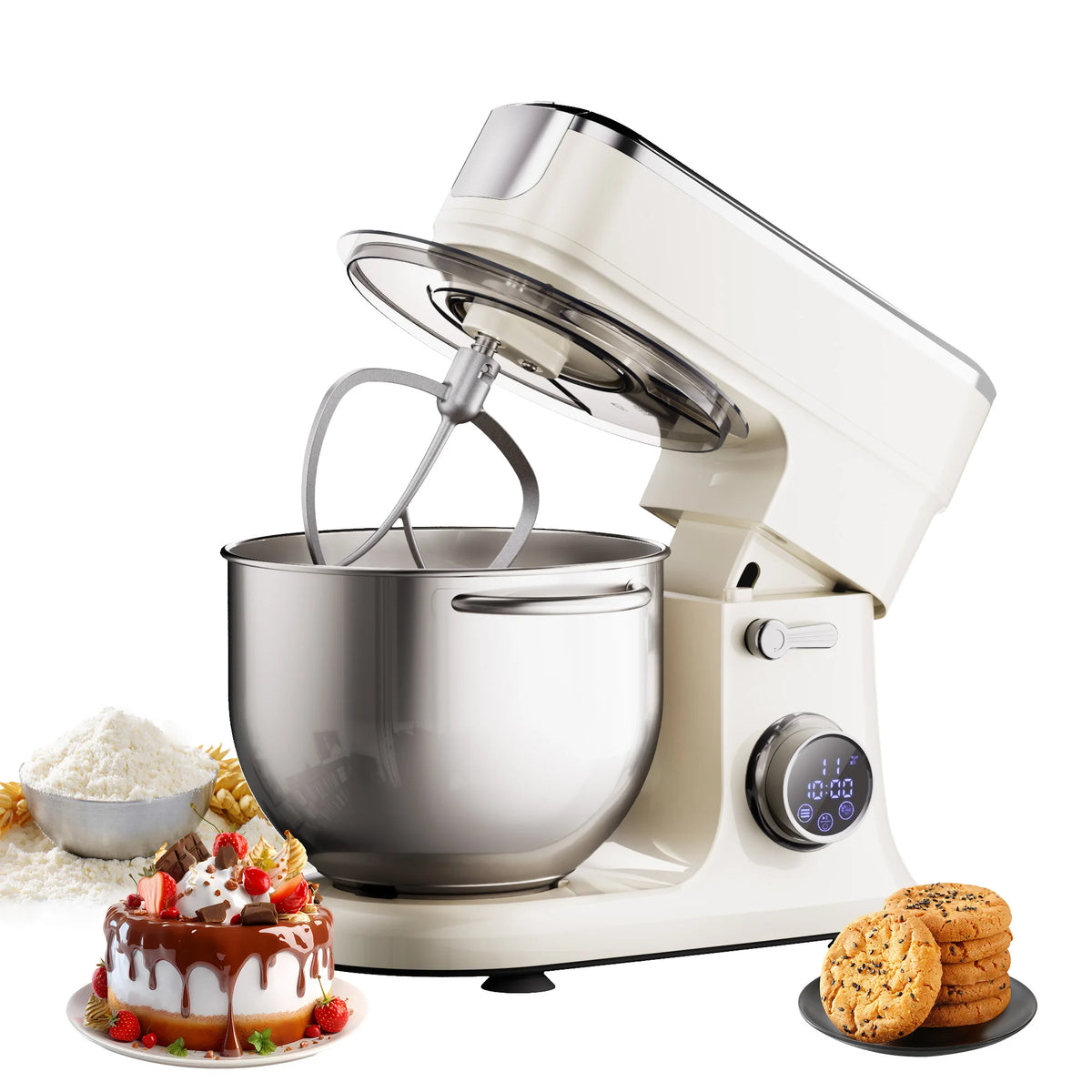 Batidora de Pedestal BioloMix de 7L para Repostería, Motor de CC de 1200W con Gancho Amasador, Batidor, Accesorio para Picar Carne - Batidora de Alimentos