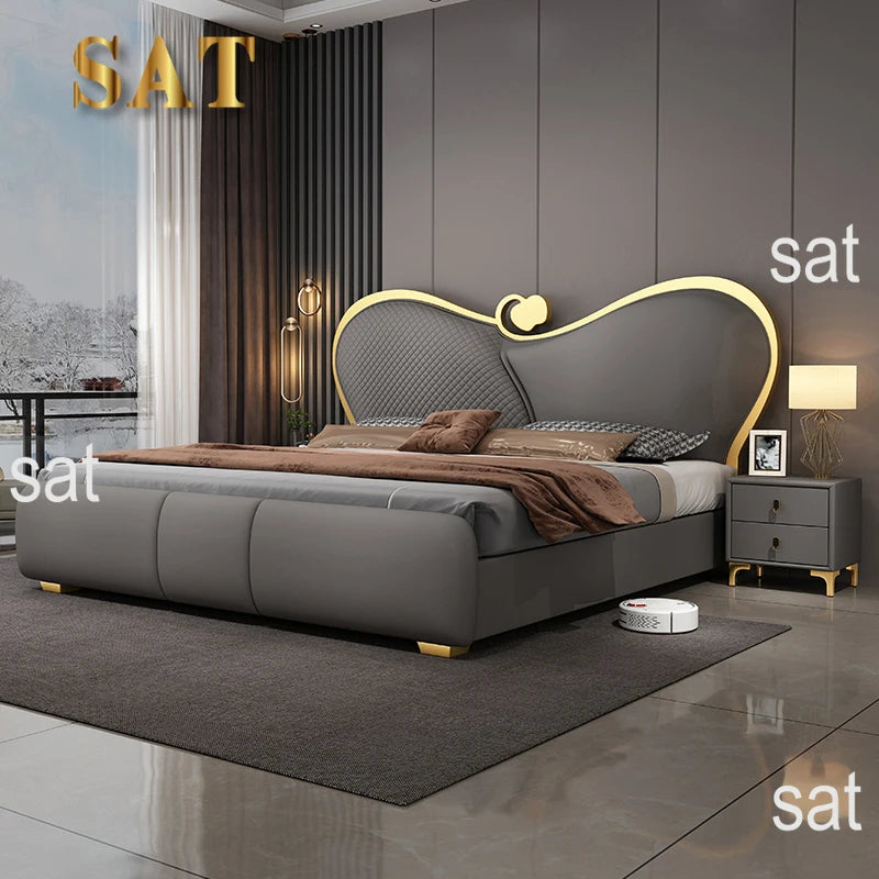 SAT. Cama Doble Moderna y Creativa de Lujo Ligero, Cama Suave, Estructura de Cama King Size y Queen Size, Juego de Muebles de Dormitorio de Alta Gama