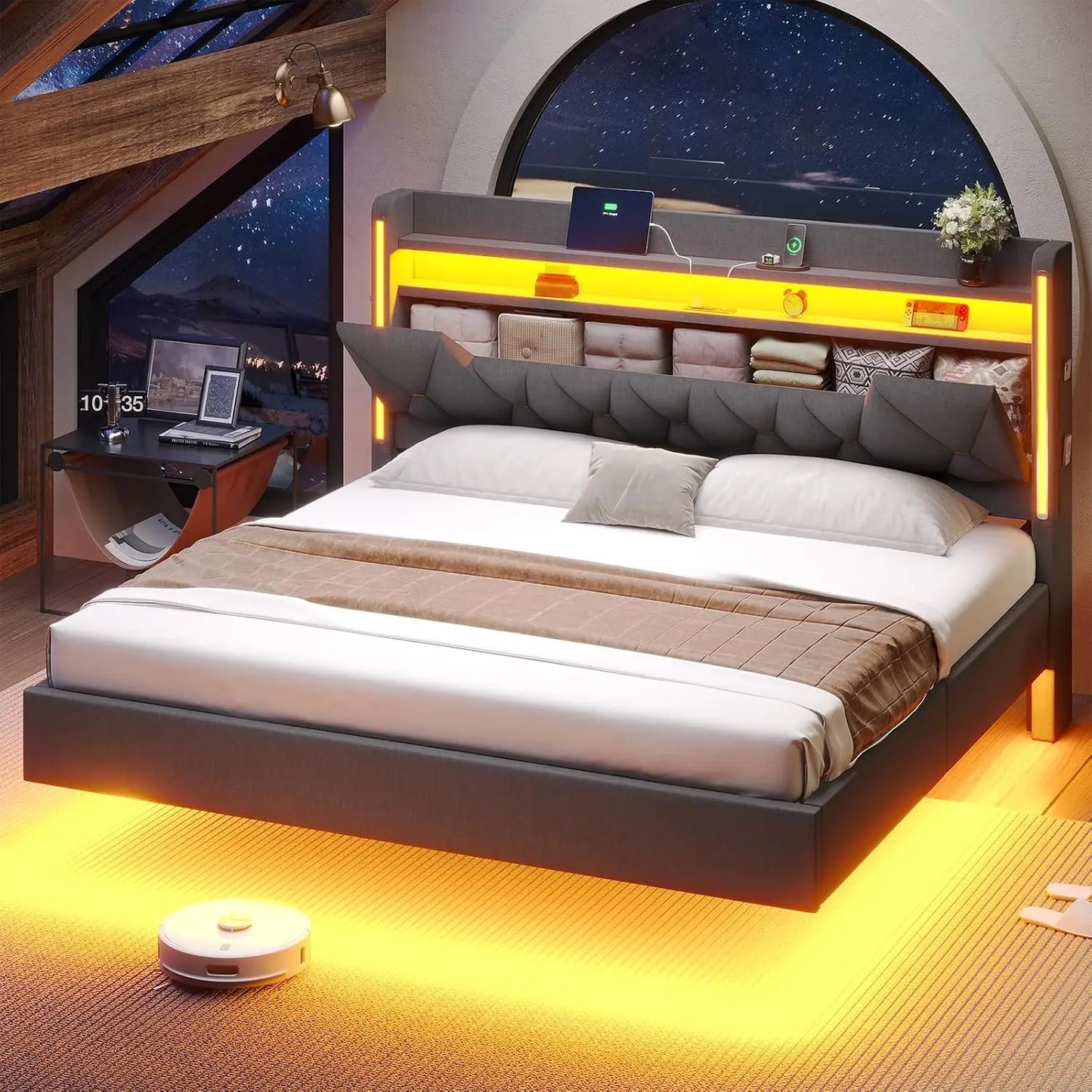 Base de Cama Flotante King con Cabecero con Almacenamiento, Base de Cama King Size, Gris |   Base de Cama Tapizada Tamaño King, Personalizable