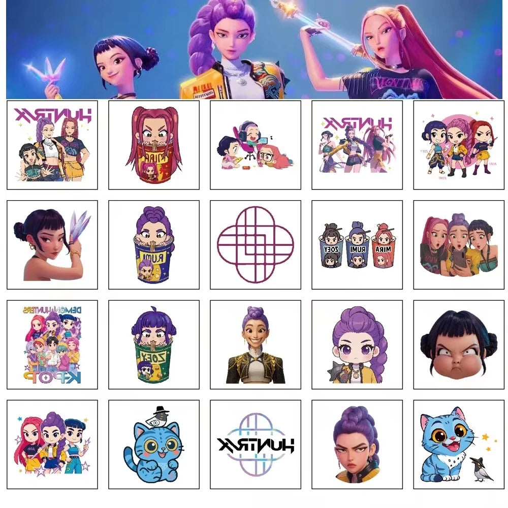 20 piezas/set de pegatinas de tatuajes temporales de dibujos animados Kpop Damon Hunters Rumi Kang, pegatinas de tatuajes de demonios Rumi para regalos de fiesta