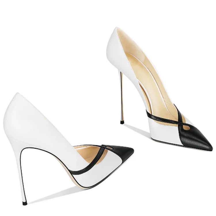 Zapatos de tacón alto de cuero blanco mate con punta puntiaguda y tacones de aguja poco profundos, zapatos de banquete sin cordones