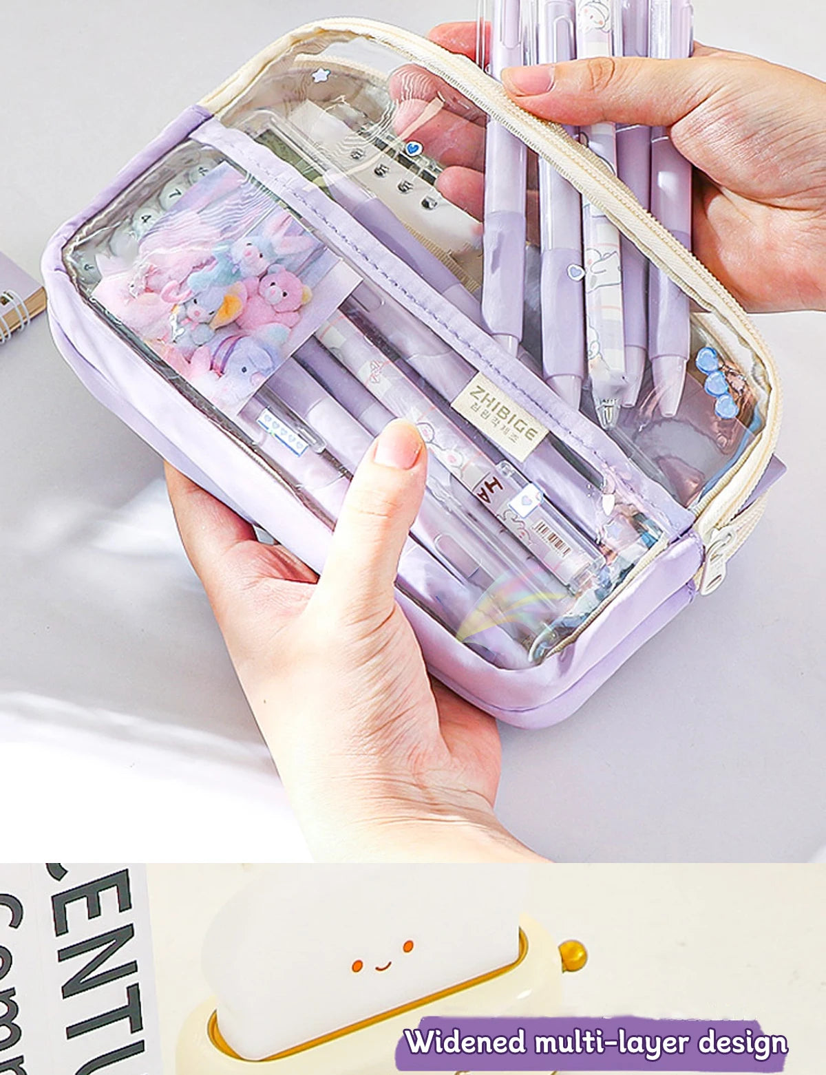 Bolsa de lápices transparente de cuatro capas, bolsa de papelería para estudiantes, bolsa de almacenamiento de gran capacidad, suministros de oficina escolar, papelería, 1Pc