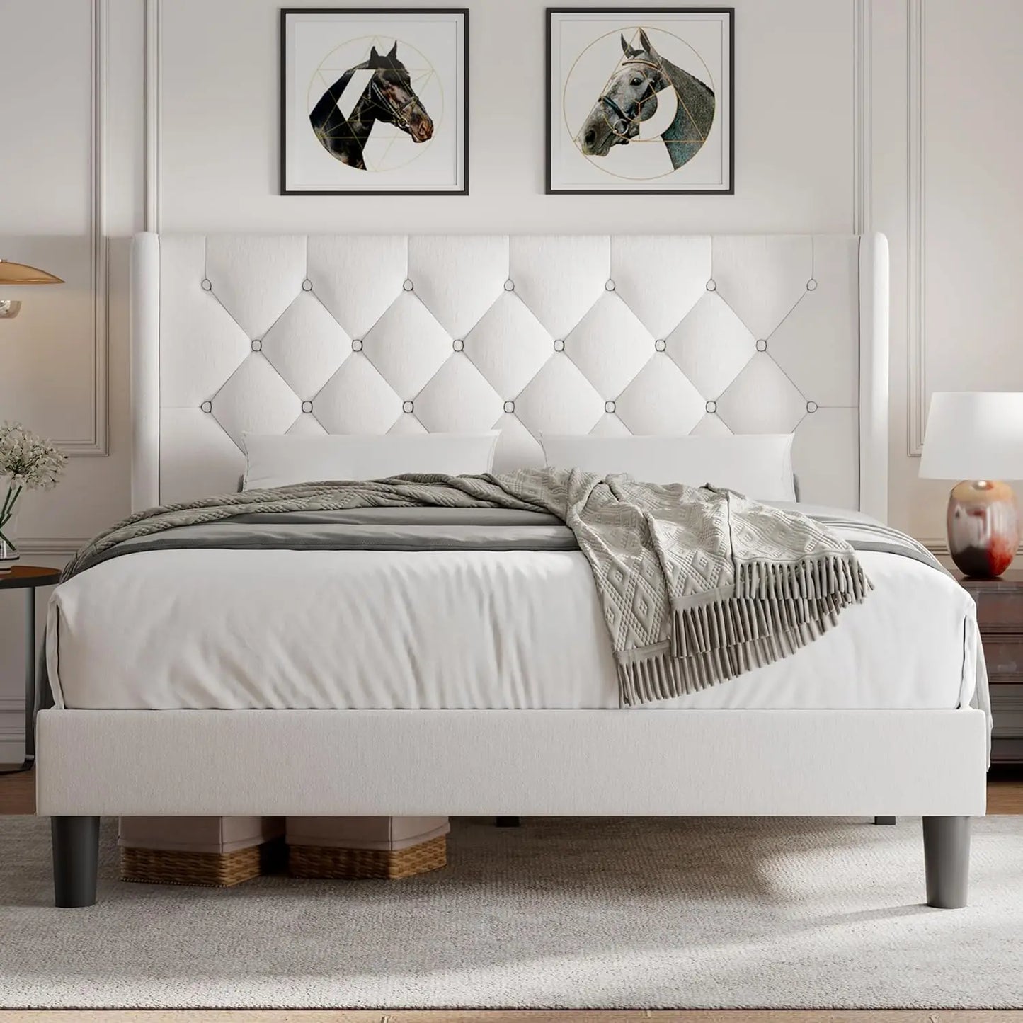 Cama Queen con Plataforma de Terciopelo, Tapizada con Botones, Estructura de Madera, Láminas de Madera, 8 Pulgadas de Espacio de Almacenamiento Debajo de la Cama, Sin Necesidad de Somier, Sin Ruido, Fácil de Montar