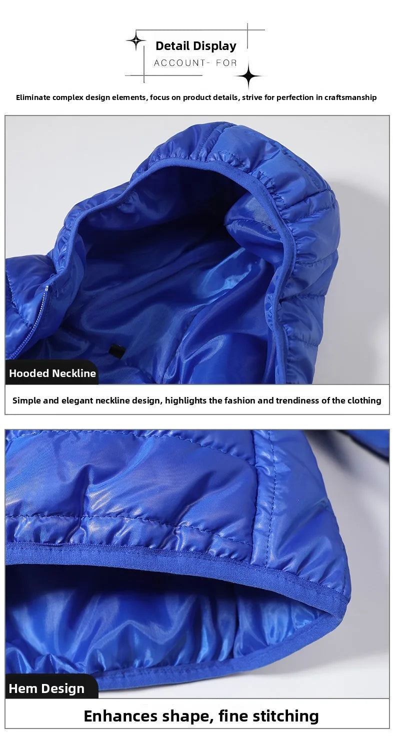 Chaqueta de plumón ligera para hombre, estilo nuevo de otoño-invierno, tipo abrigo acolchado, con cierre de cremallera y capucha, de fibra de poliéster.
