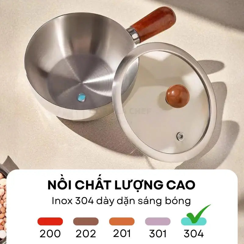 【A】Sartenes de cocina de acero inoxidable de 17 cm/14 cm con mango de madera y tapa de vidrio - Ollas pequeñas multiusos para fideos y huevos