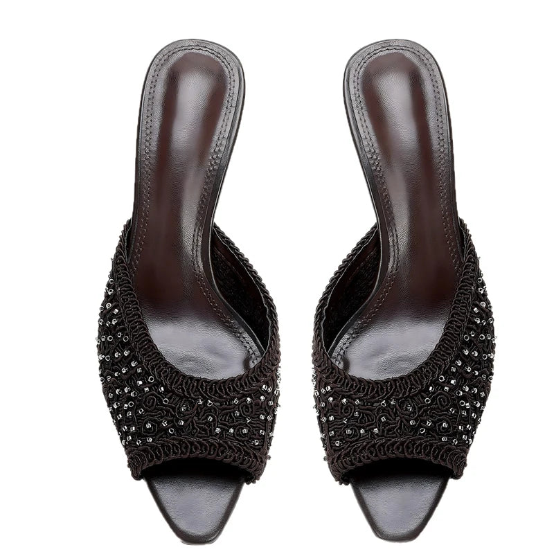 Aligaia 2026 Elegantes Sandalias de Tacón Alto para Mujer, con Cuentas, Punta Abierta, Casuales, de Diseñador, para Verano