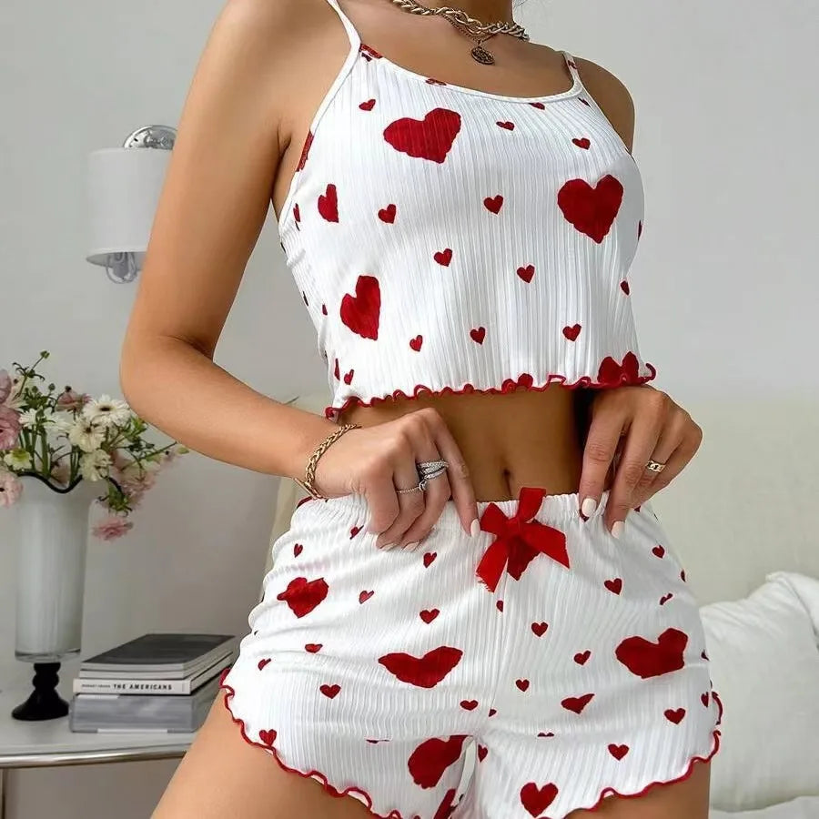 Conjunto de Pijama de Verano para Mujer, Transpirable, Suave, Informal, con Estampado de Amor, Pantalones Cortos con Tirantes, Lencería Sexy