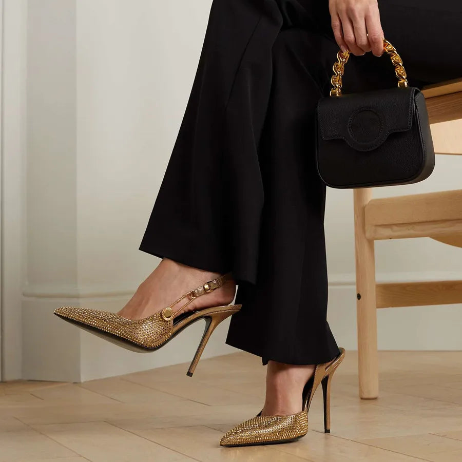 Zapatos de tacón de lujo con hebilla de lentejuelas y diamantes de imitación para mujer, zapatos de tacón alto de aguja con punta estrecha, zapatos de moda para primavera y verano