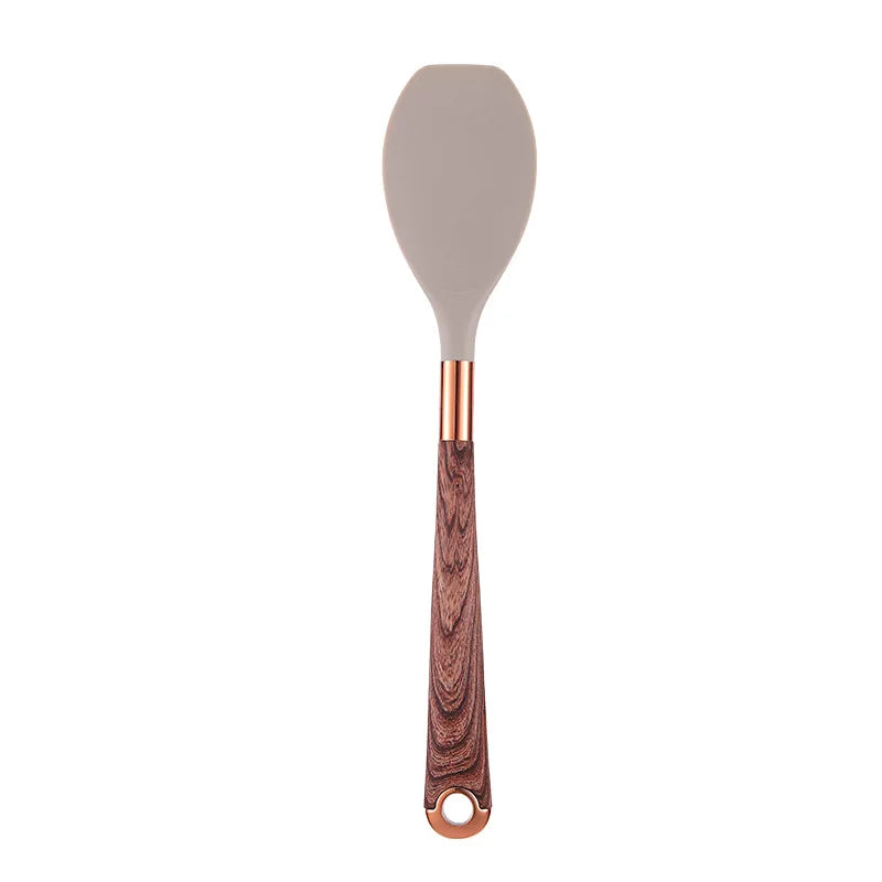 LMETJMA Juego de utensilios de cocina de silicona, 10 Uds., utensilio de cocina con soporte para utensilios, asas de patrón de madera, utensilios de cocina antiadherentes JT264