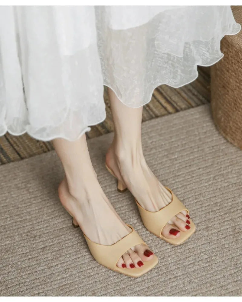 Pantuflas de Tacón Alto para Mujer, Pantuflas de Cuero Vacuno de Lujo, Pantuflas de Moda con Punta Cuadrada, Pantuflas de Tacón Alto con Punta Abierta para Verano