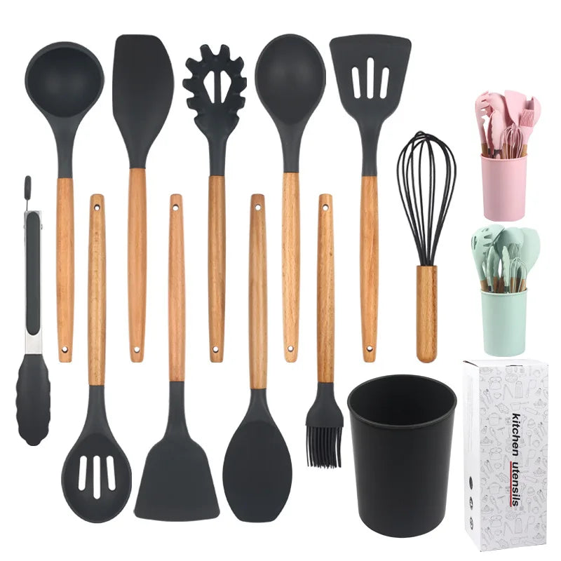Juego de 12 utensilios de cocina de silicona con mango de madera, espátula antiadherente, cuchara para sopa y freír