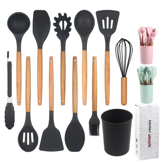 Juego de 12 utensilios de cocina de silicona con mango de madera, espátula antiadherente, cuchara para sopa y freír