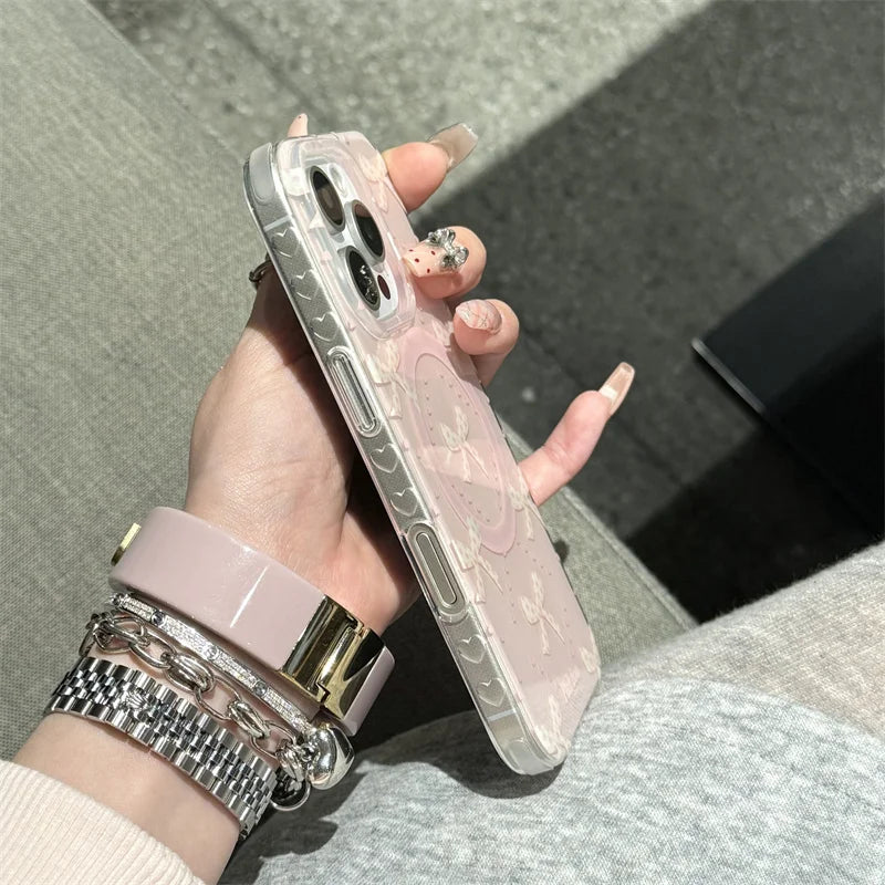 Preciosa funda de teléfono magnética para iPhone 16 Pro 15 14 13 Pro Max 15Pro, funda con soporte de lazo de perlas, fundas a prueba de golpes para Magsafe