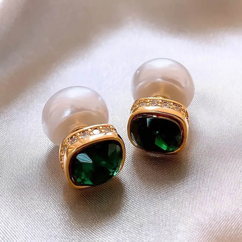 Pendientes de diseño cuadrado geométrico elegante retro con incrustaciones de circonita verde para ocasiones diarias y de fiesta de mujer