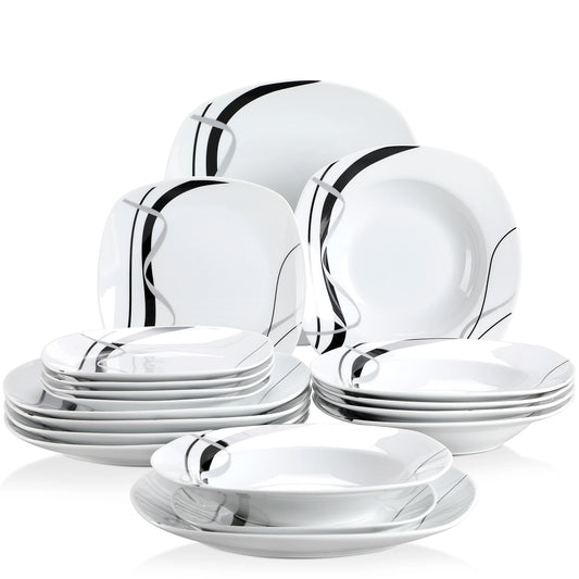 VEWEET FIONA-vajilla de cerámica de línea negra, juego de platos de cocina con plato de cena, postre, plato de sopa, 18/36 piezas