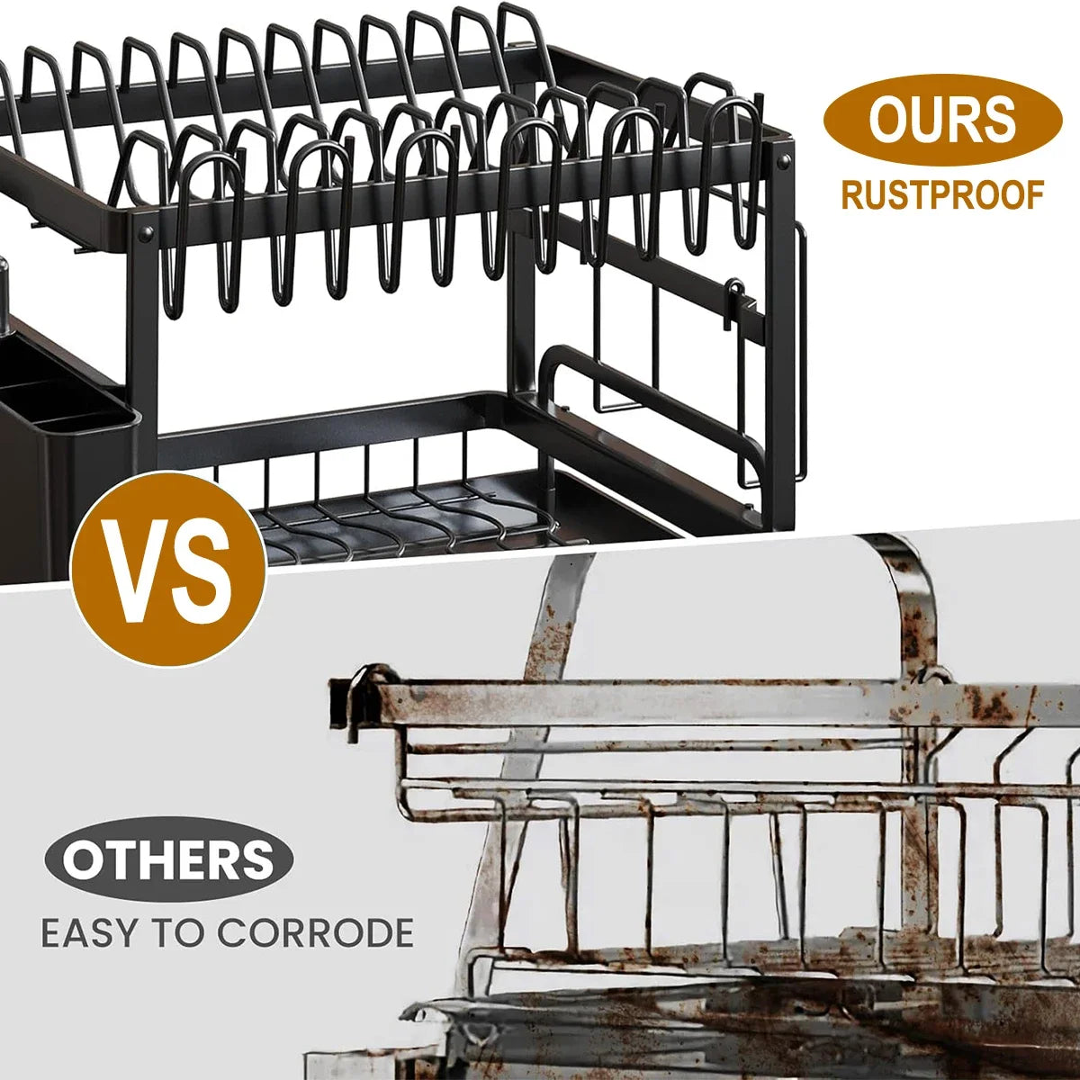 Rejilla para secar platos de 2 niveles con soporte para utensilios, metal, gran capacidad, 360 °   Tubo de drenaje giratorio, organizador de estante para platos de cocina