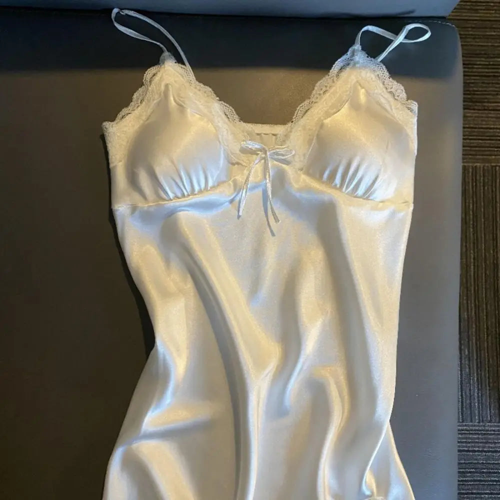Vestido de pijama con lazo de encaje para mujer, camisón con tirantes de seda helada sin mangas dividido, ropa de dormir, camisón fino con tirantes, chica picante