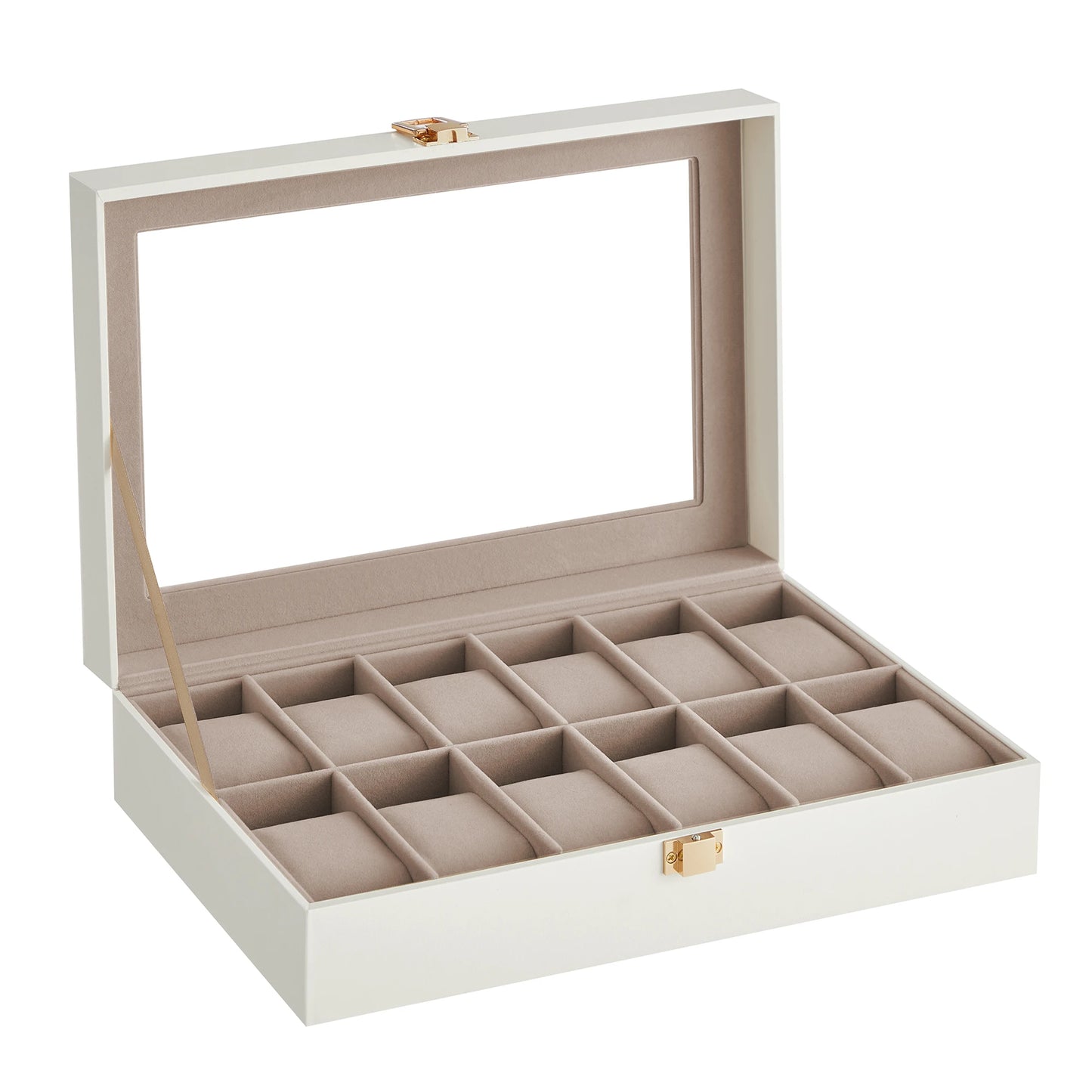 SONGMICS Caja de reloj con 12 ranuras, forro gris verdastro/forro rojo vino/forro beige capuchino/forro beige verdoso