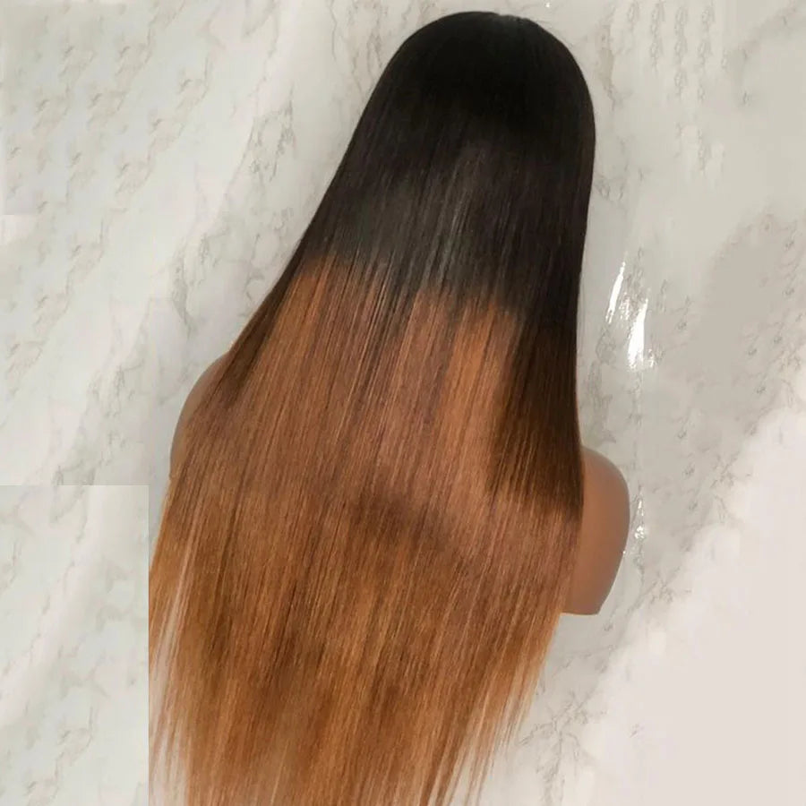 Ombre Brown Soft 26“Long Silky Straight 180Density Machine Wig With Bangs For Women High Temperature Cosplay Glueless Daily