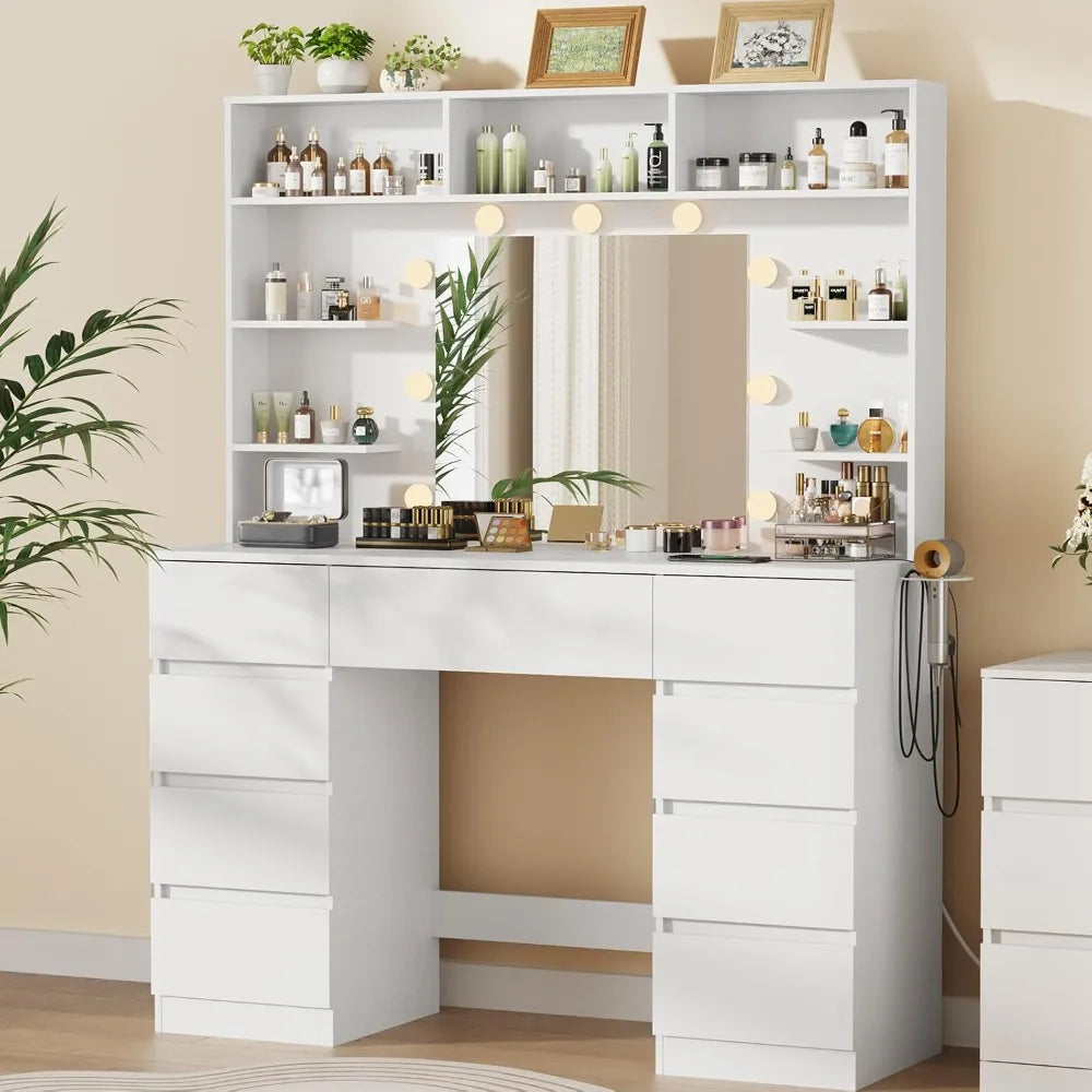 Tocador con espejo y luces, 9 cajones, 7 estantes, blanco, mesa de maquillaje de 43 pulgadas, USB y enchufes
