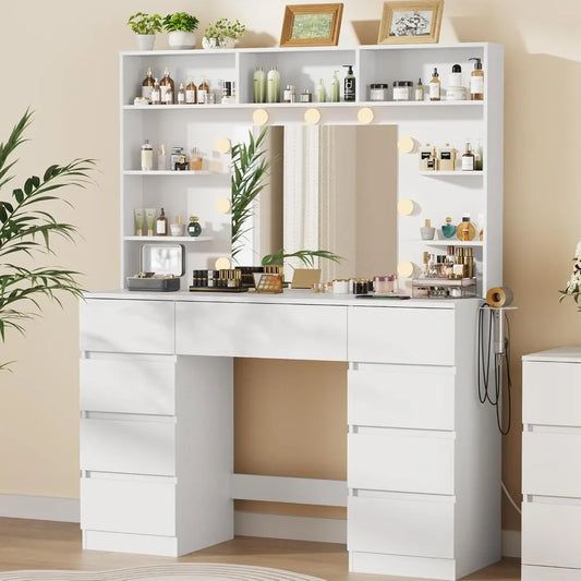 Tocador con espejo y luces, 9 cajones, 7 estantes, blanco, mesa de maquillaje de 43 pulgadas, USB y enchufes
