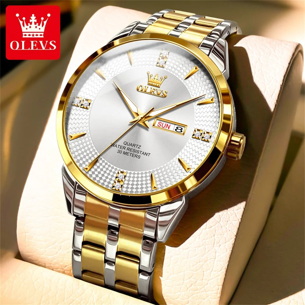 OLEVS 9917 New Mens Watch Original Quartz Watch Diamond Scale Waterproof Luminous Dual Calendar Display Mens Gifts Freebie Reloj