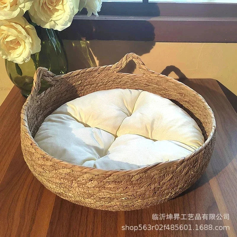 Cesta para gatos tejida de ratán con cojín suave, diseño de Donut redondo, nido para dormir cómodo y cálido para gatos y perros