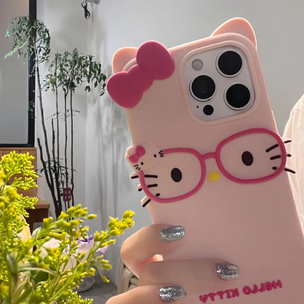 Funda de teléfono estereoscópica 3D para iPhone 17 16 15 14 13 12 11 Pro Max, fundas con lazo de Hello Kitty de dibujos animados bonitos de Sanrio, funda de silicona suave