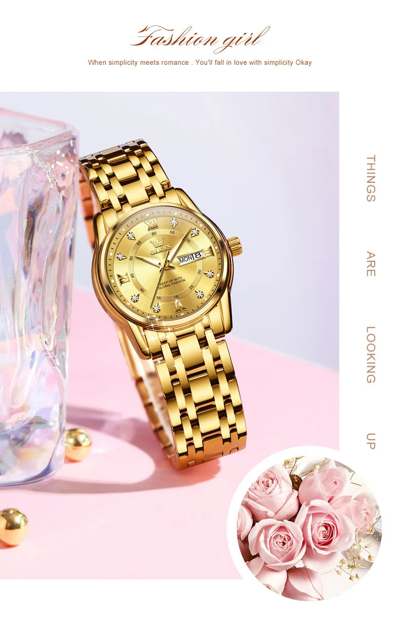 Relojes OLEVS para mujer, reloj de pulsera luminoso resistente al agua de acero inoxidable Original dorado a la moda, reloj clásico elegante para mujer con fecha