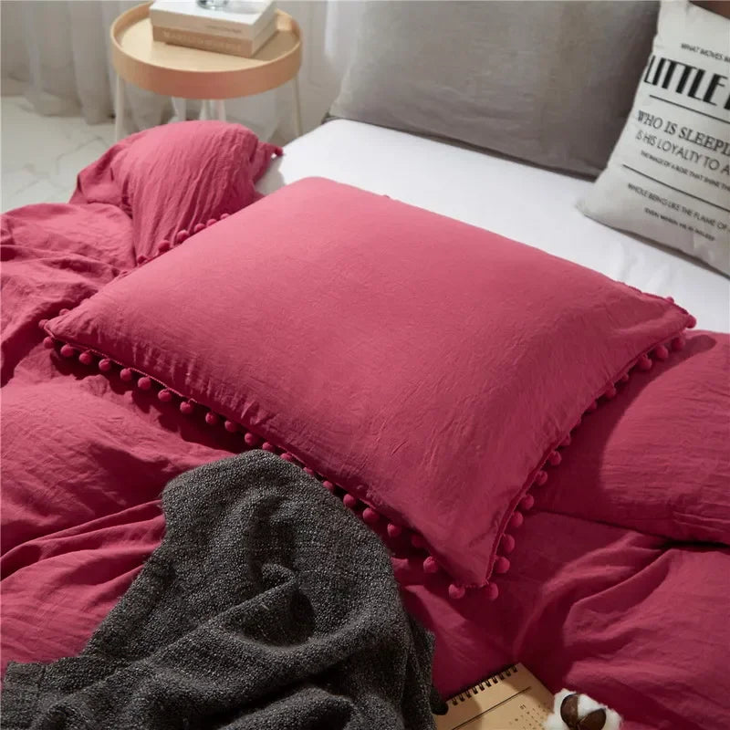 Funda de edredón suave y lavada, Juego de 3 piezas, funda de almohada, juego de ropa de cama para Twin, Full, Queen, King Size, decoración de pompones
