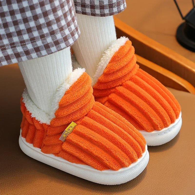 Nuevas zapatillas de felpa a rayas sencillas de invierno, suela suave antideslizante para niños y niñas, zapatos cálidos de algodón para el hogar