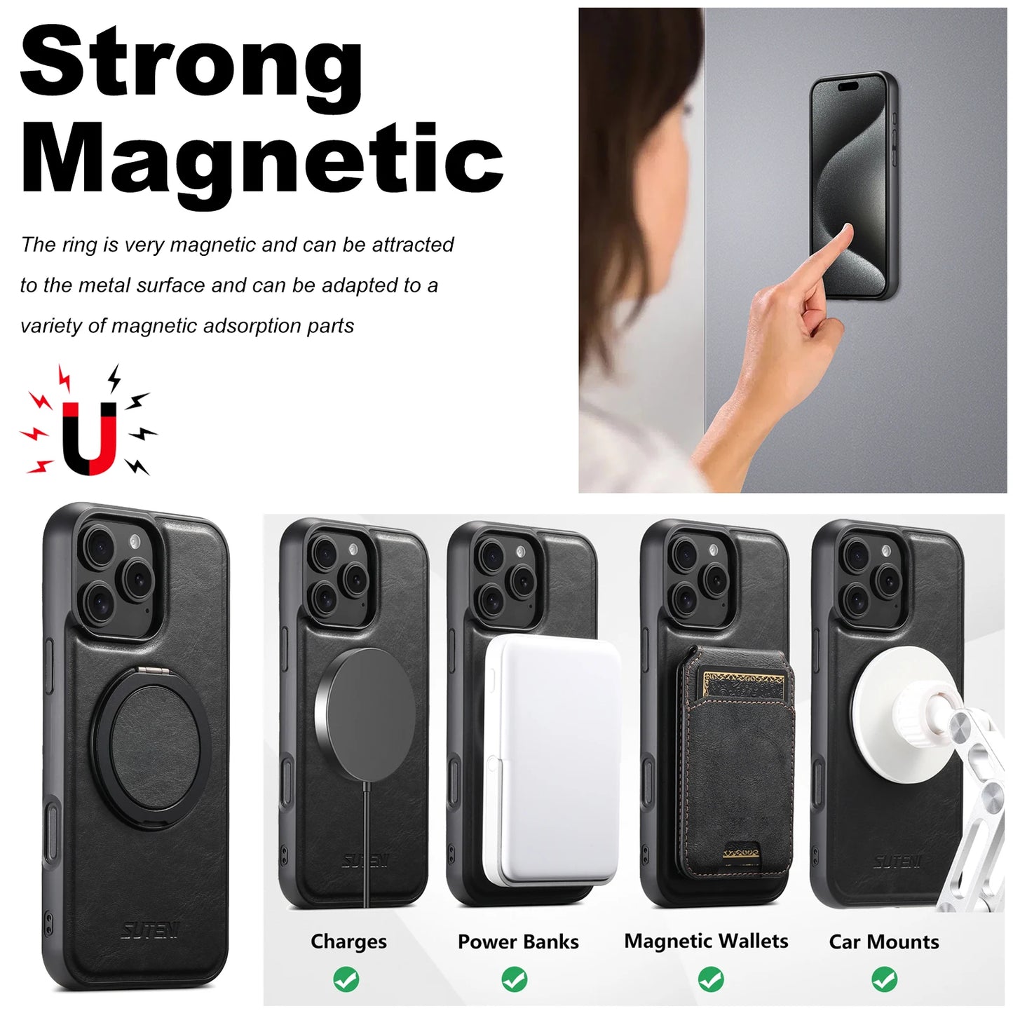 Carga inalámbrica MagSafe compatible con magnético fuerte 360 °   Funda de teléfono de cuero PU con soporte de anillo giratorio para iPhone 17 16 15 14 13 12