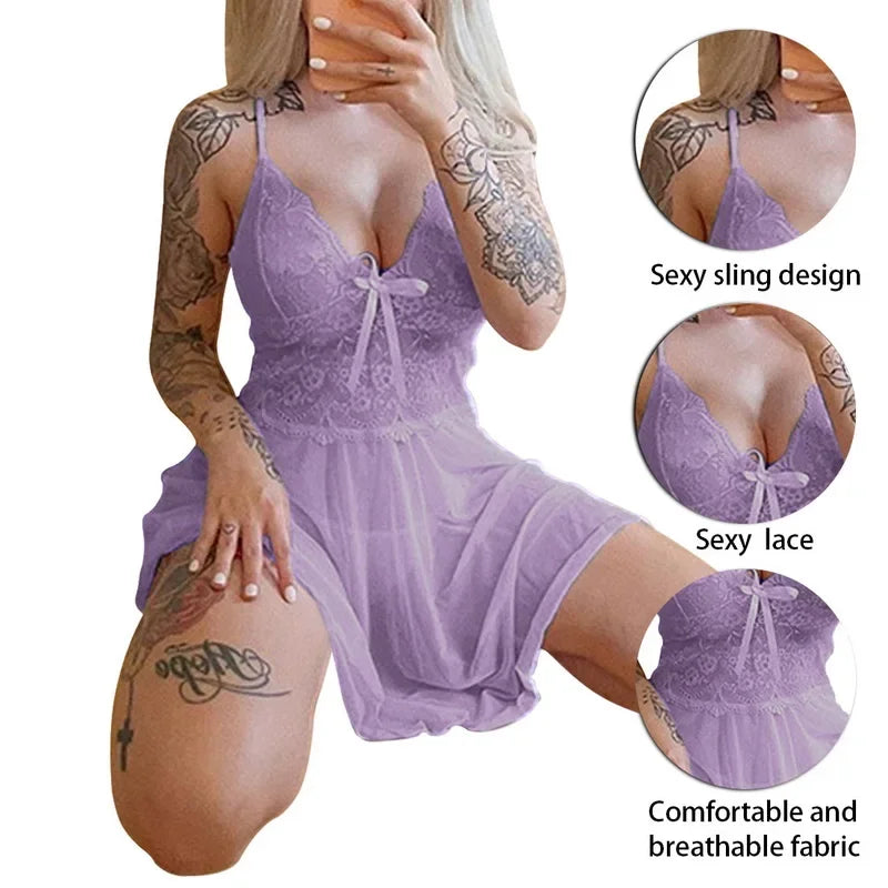 Ropa de dormir Sexy para mujer, camisones, vestido a través de encaje, lencería Sexy, vestido de noche, ropa interior para mujer, camisón de fiesta